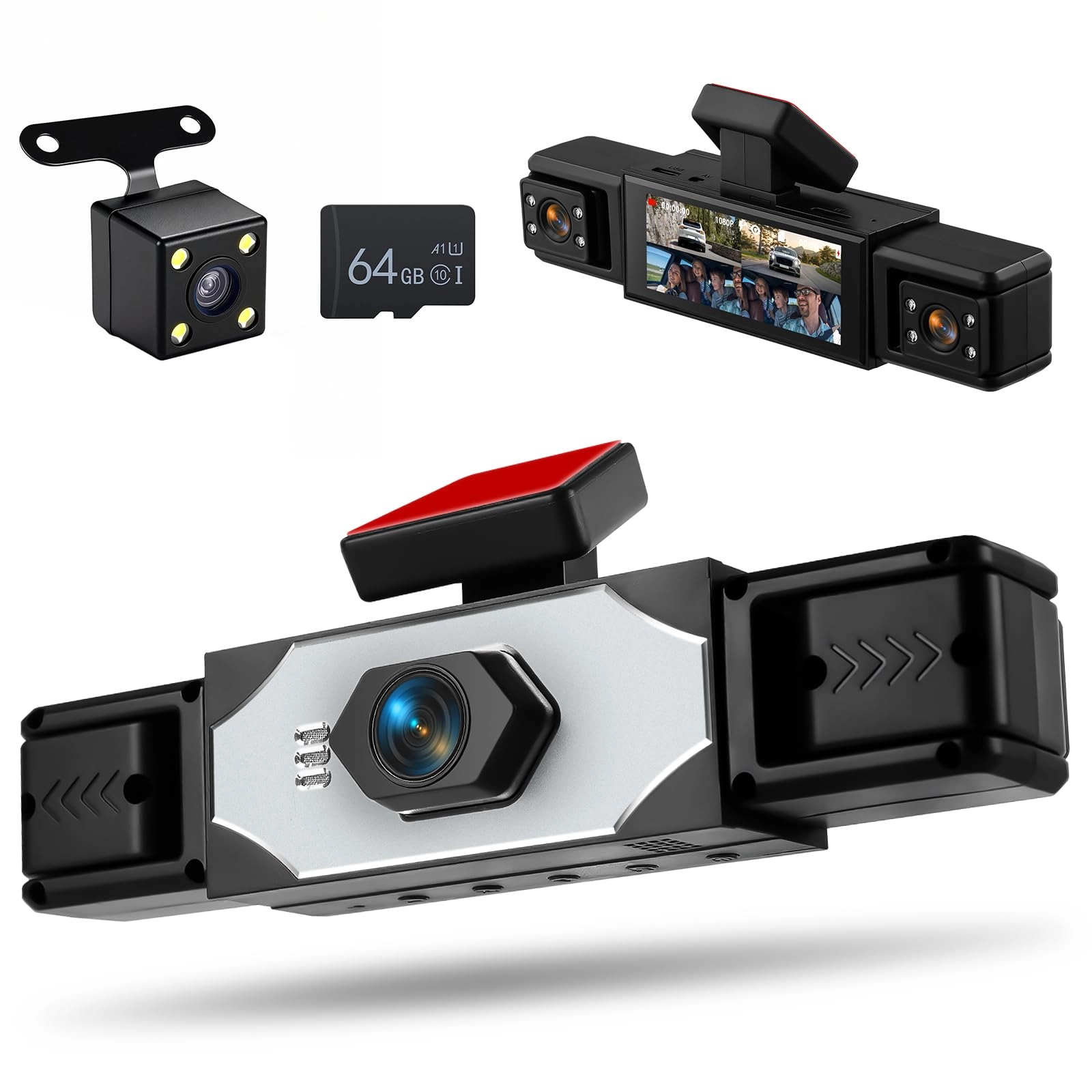 Motorsi 4 Channel Dash Cam Rear View Mirror - 1080P 30FPS + 64GB TF Card
