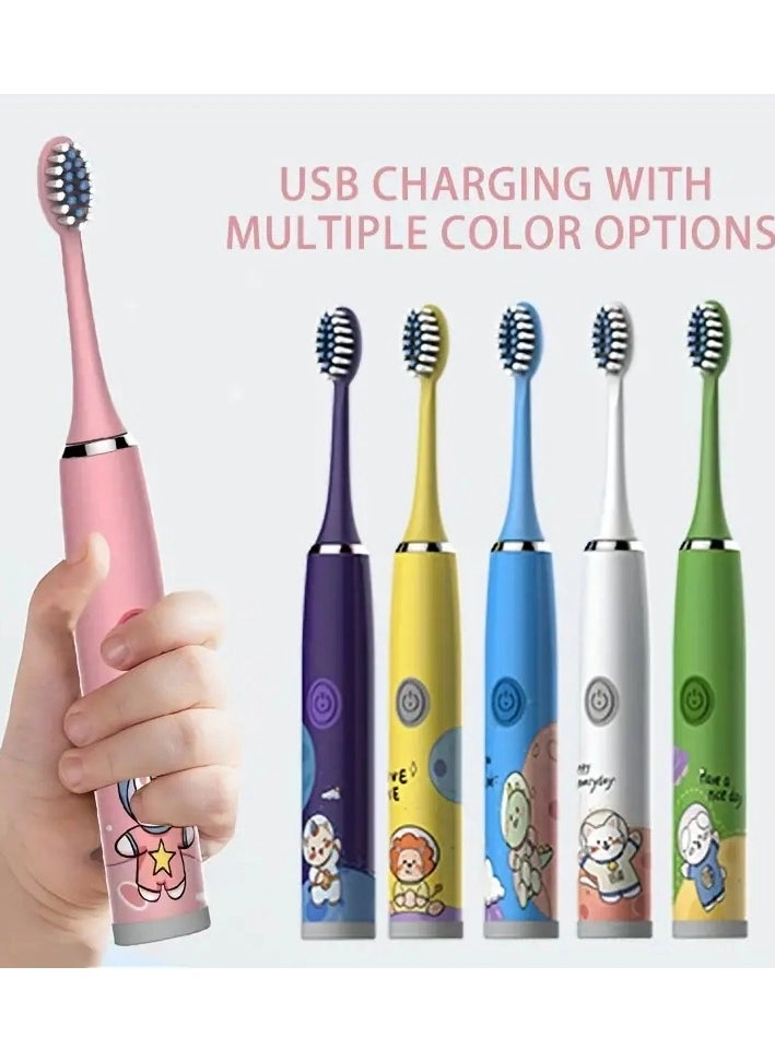 Rechargeable Electric Toothbrush for Kids - USB Rechargeable 5 Cleaning Modes 6 Replacement Heads