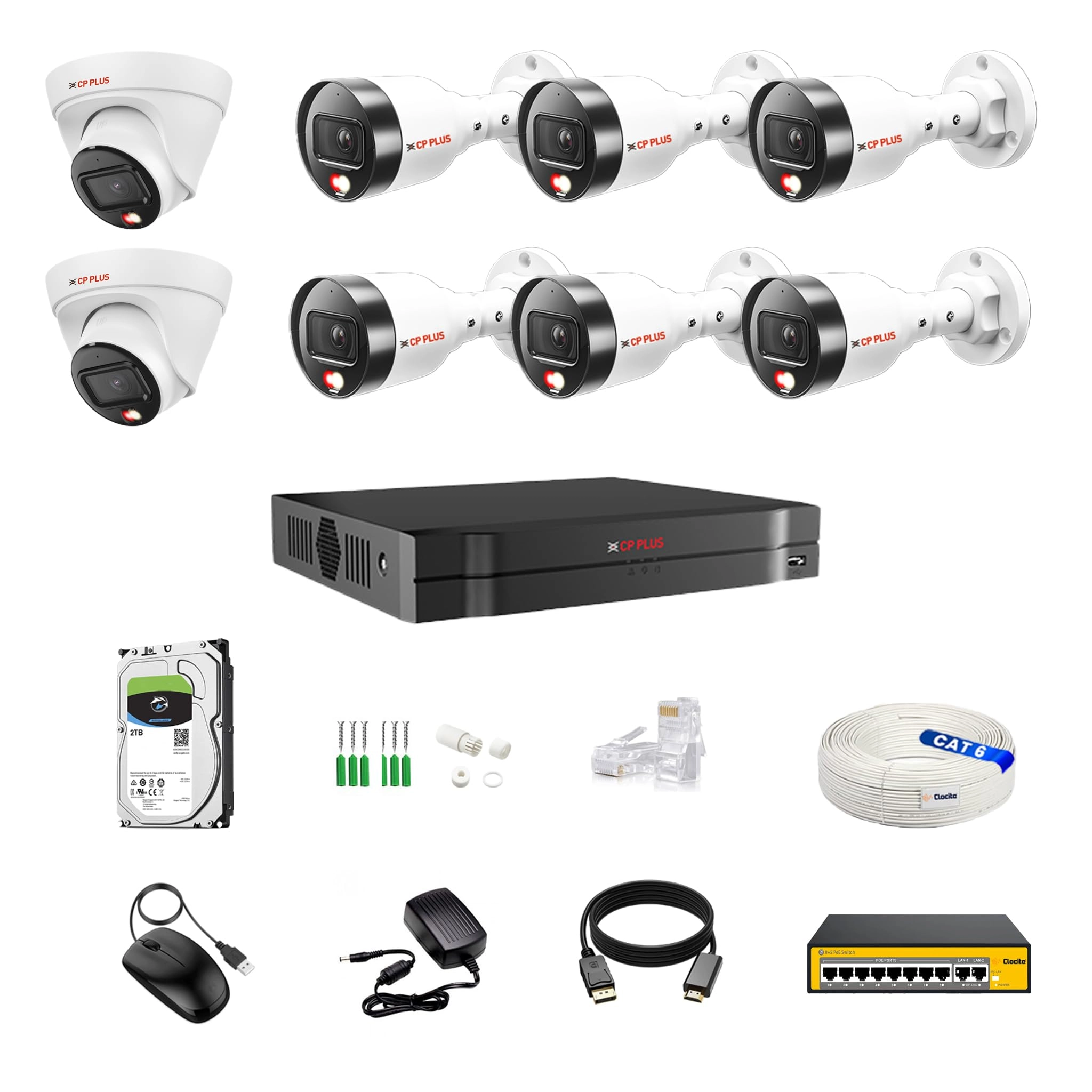 IP illumax 8 CH AI NVR + 4MP 2 Dome 5 Bullet IP Cameras + 2 TB HDD + 8+2 POE Switch + CAT 6 Cable