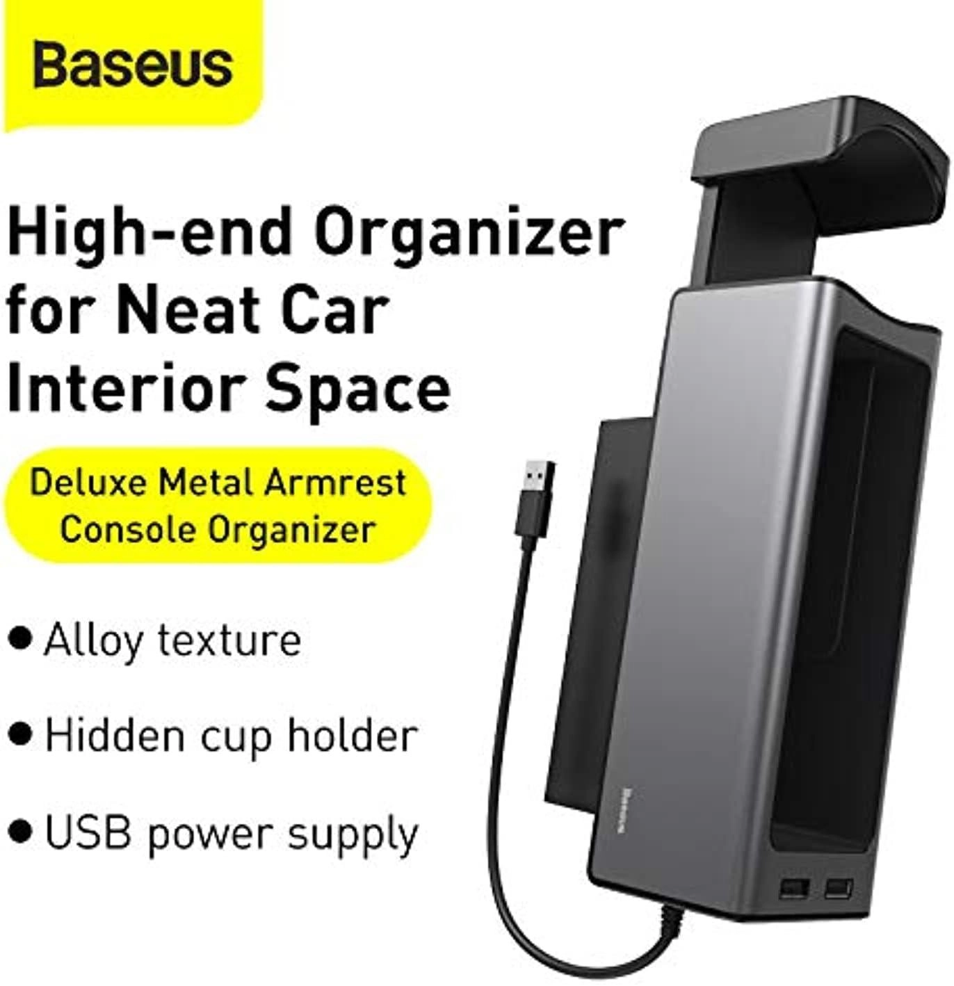 Metal Armrest Console Organizer - Black Dual USB
