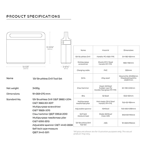 Cordless Brushless Drill - 2000mAh + Multipurpose Screwdriver + Adjustable Spanner + Needlenose Plier + Claw Hammer + Rubber Hammer + Self-lock Measure Tape + 18 Bit & Drill Set