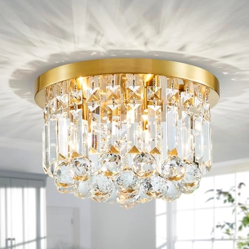 Crystal Chandelier - D30 x H24 cm E14 Socket 3 Bulbs Gold Finish
