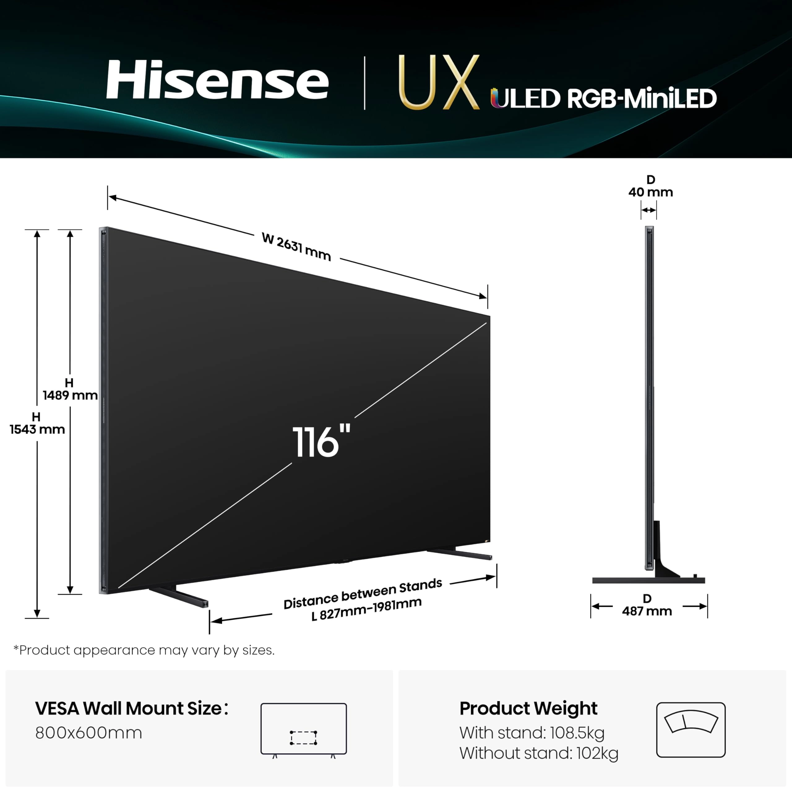 116UX - 116 Inches