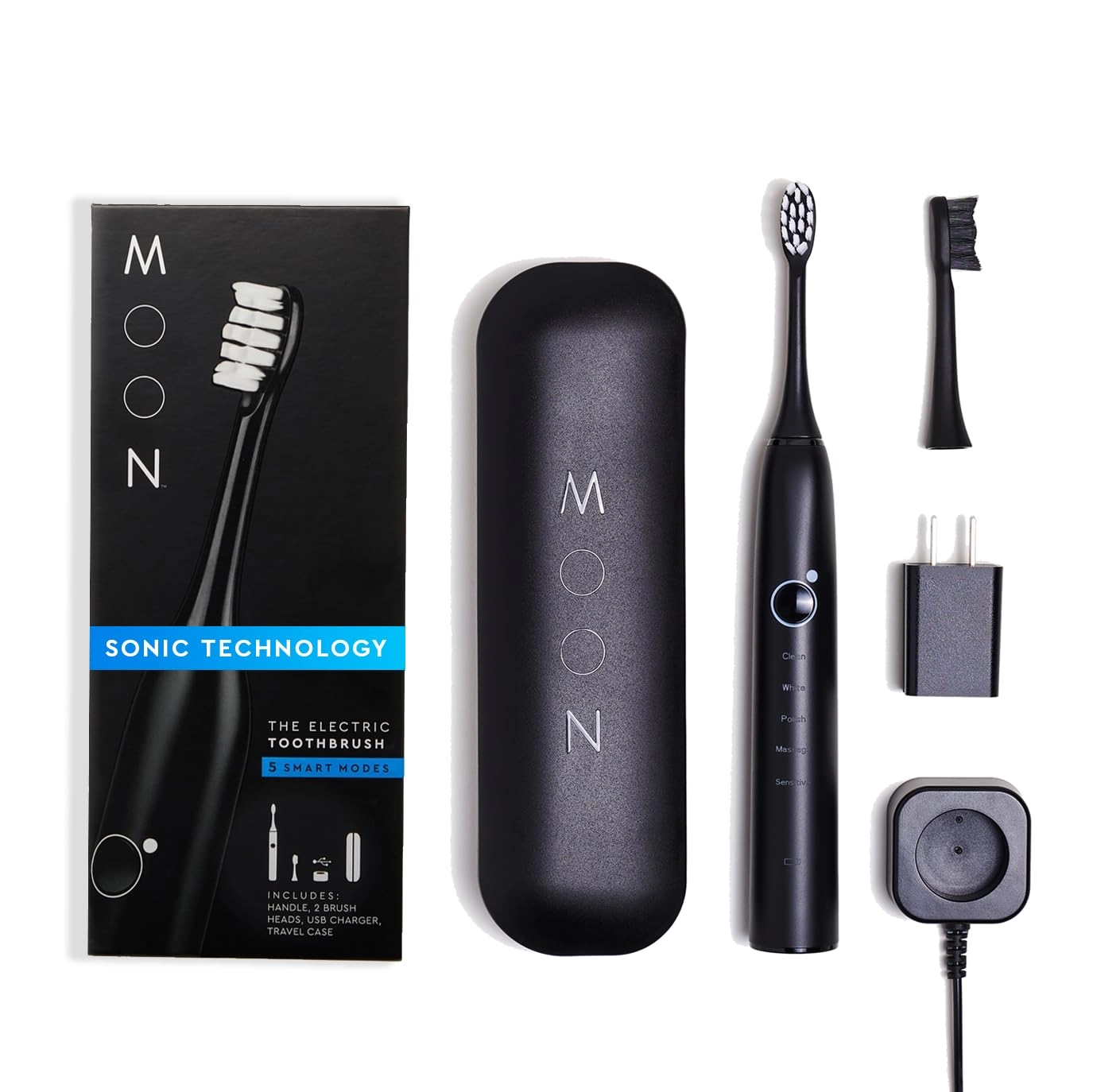 MOON Sonic Electric Toothbrush - Black 5 Smart Modes Rechargeable