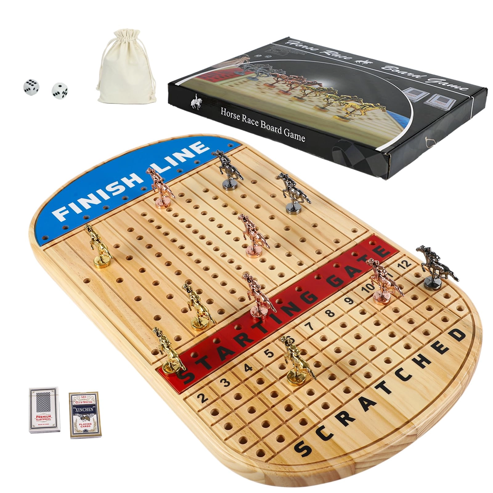 Grhonior Horse Racing Board - 11 Metal Horses Pine Wood