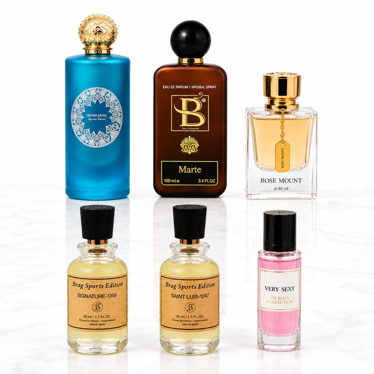 B BRAG VIP Edition Blue - 60ml + Signature 1356 - 50ml + Very Sexy - 30ml + Qissah Akoja - 100ml + MARTE - 100ml + Saint Luis-1247 - 50ml Eau de Parfum