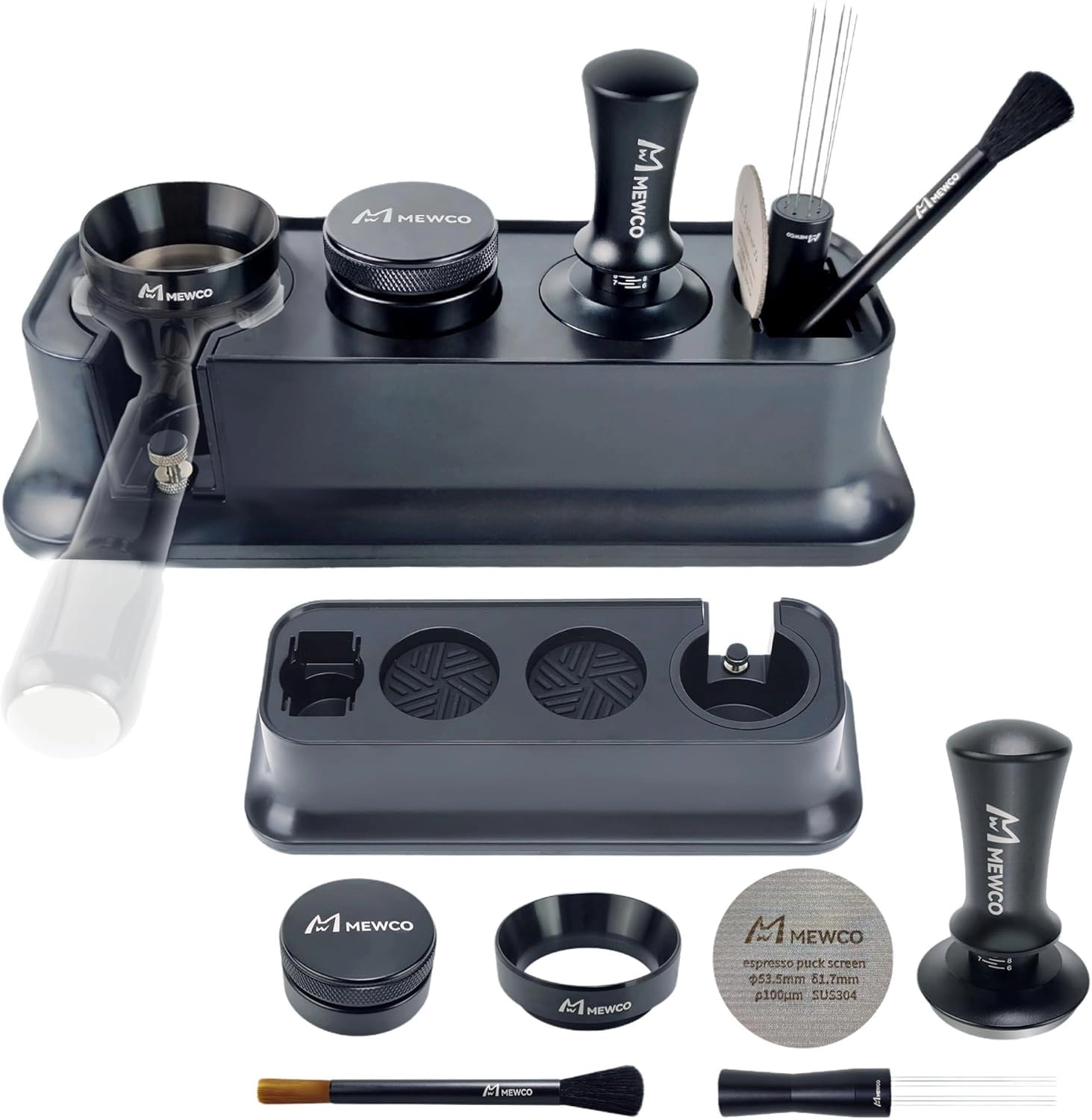 Tamper Station + Coffee Distributor + Tamper + WDT Stirrer + Tamping Brush + Dosing Funnel + Puck Screen