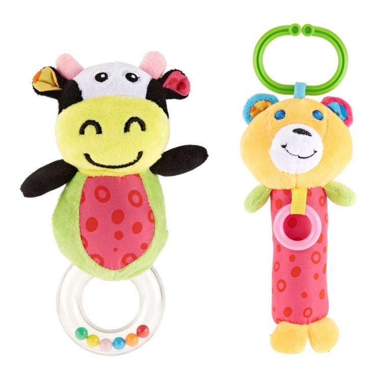 Pixie Cow Rattle Toy + Bear Rattle Toy - Suitable for 0 month & above Fabric material