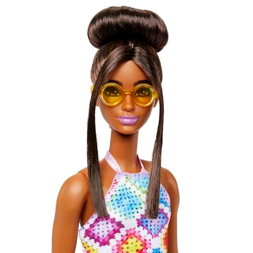 Barbie Fashionistas - #210 Brown Hair in Bun Colorful Crochet Halter Dress Ages 3+