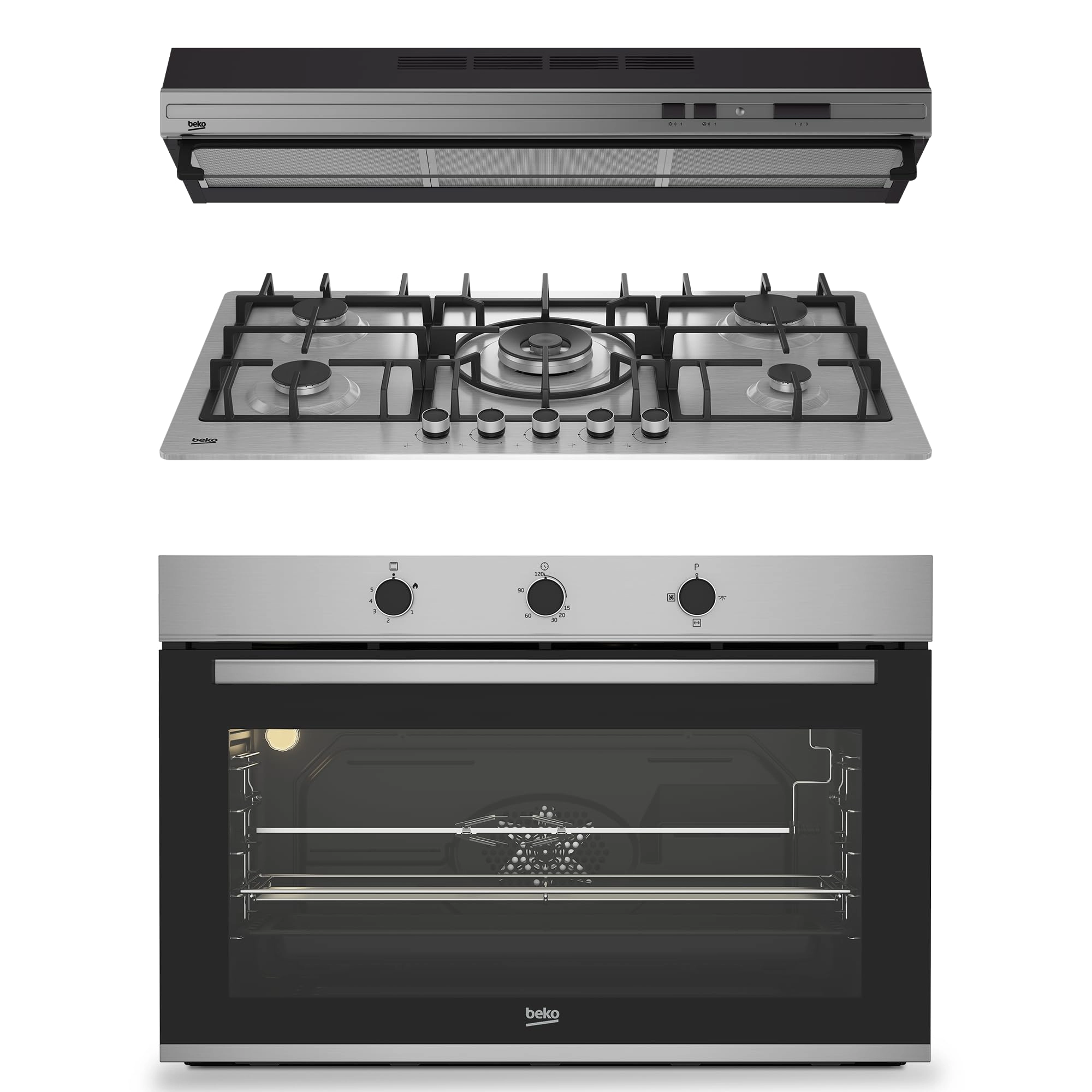Beko HIMW95225SXEL Gas hob + BBWHT12101XS Oven + CFB9433XH Recirculation Hood