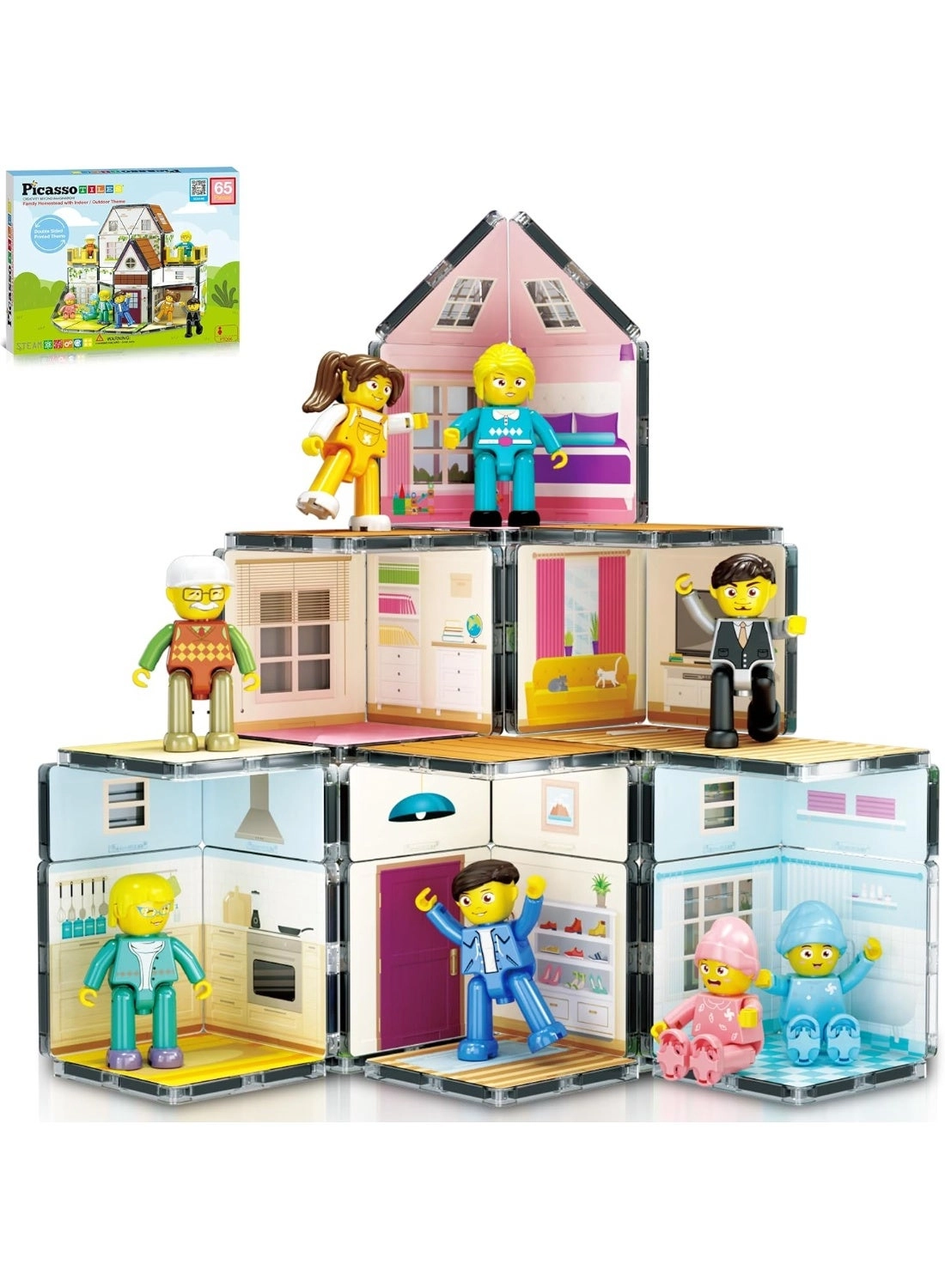PicassoTiles Magnetic Tiles Homestead Family Theme - 3+ 65 pieces