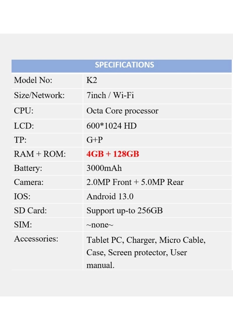 K2 Tablet - 4GB 7 Inch 128GB