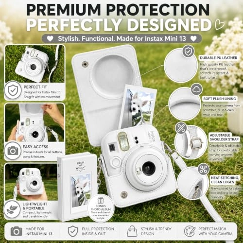 Camera Case - Clay White + Instax Mini Film 20 Shot + Mini Photo Album - 64 Pocket + Hanging Photo Display + Mini Desktop Photo Frames - 5 + Magnetic Fridge Photo Frames - 5 + Decorative Photo Border Stickers - 60