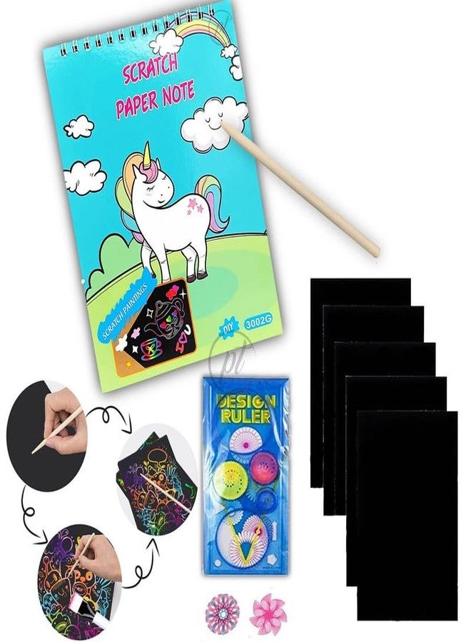 Unicorn Rainbow Scratch Paper Spiral Notebook - A5 Spiral + Wooden Scratchers + Unicorn 10 in 1 Multicolor Pen + Creative Ruler