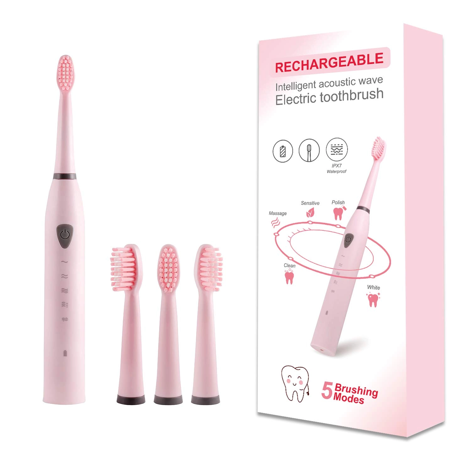 FEMBW Sonic Toothbrush - 5 Modes 2 Mins Timer 4 Dupont Brush Heads