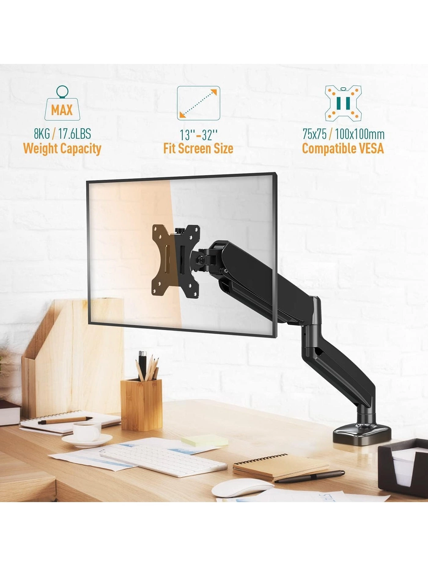Single Monitor Arm - Single 13-32 Inch VESA 75x75/100x100mm