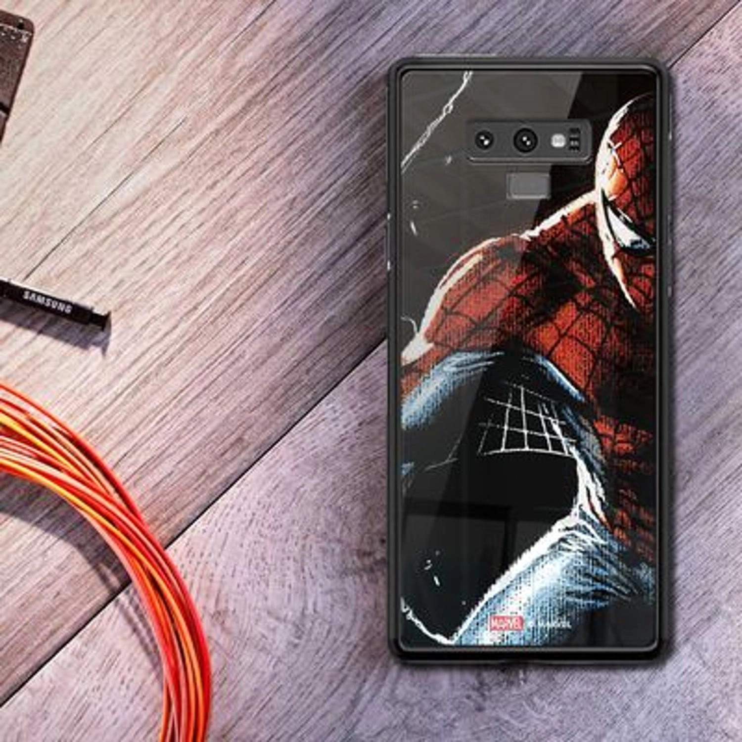 Wackylicious Spiderman In The Dark Back Case for Galaxy Note 9 - TPU Bumper Case + Tempered Glass Back