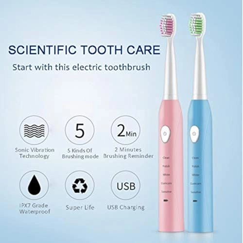 Sonic Electric Toothbrush - 4 Free Replacement Heads USB Fast Charging Pink