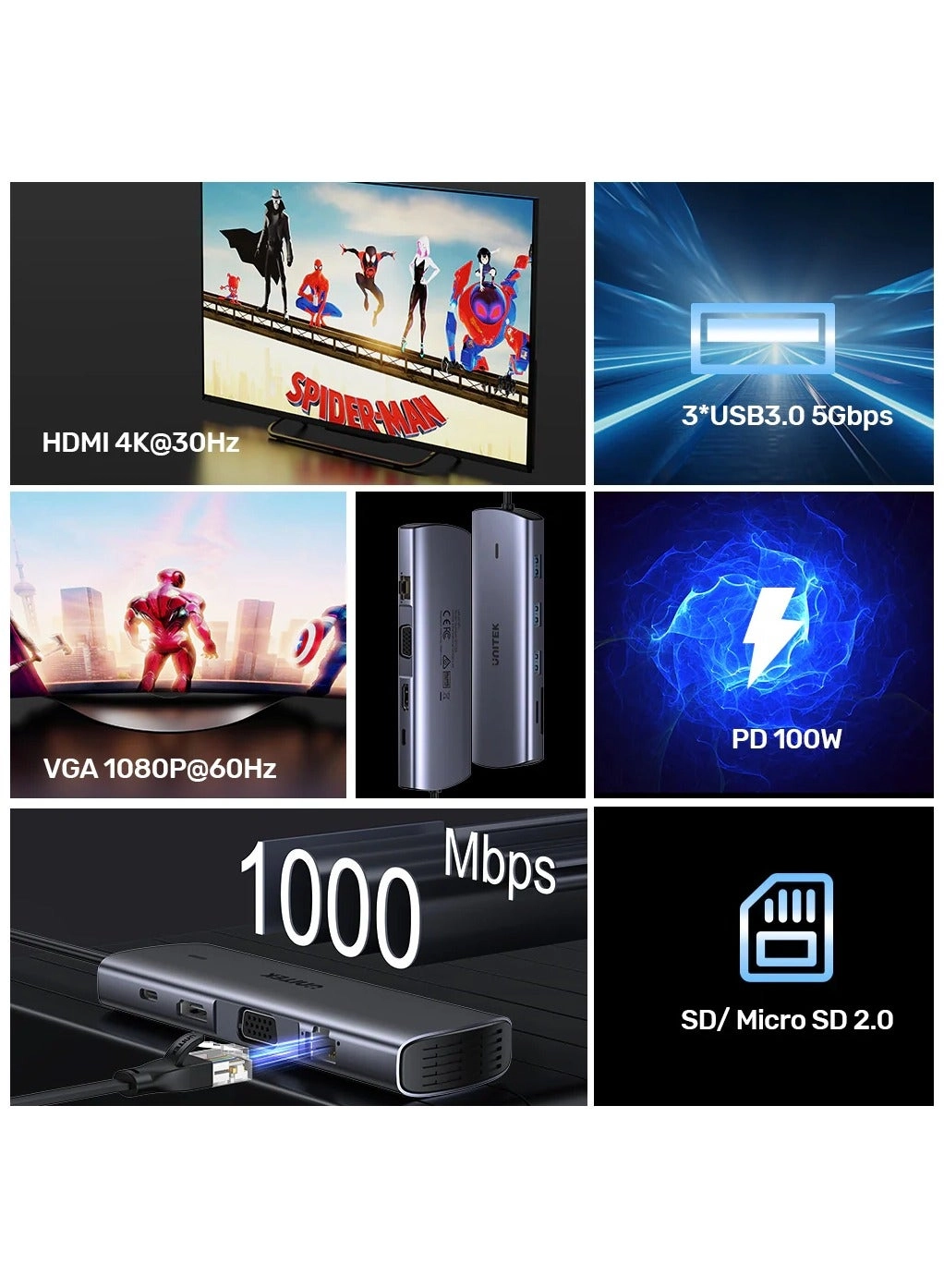 D1113A - 9-in-1 USB-C Hub 3x USB-A 5Gbps HDMI 4K@30Hz PD 100W