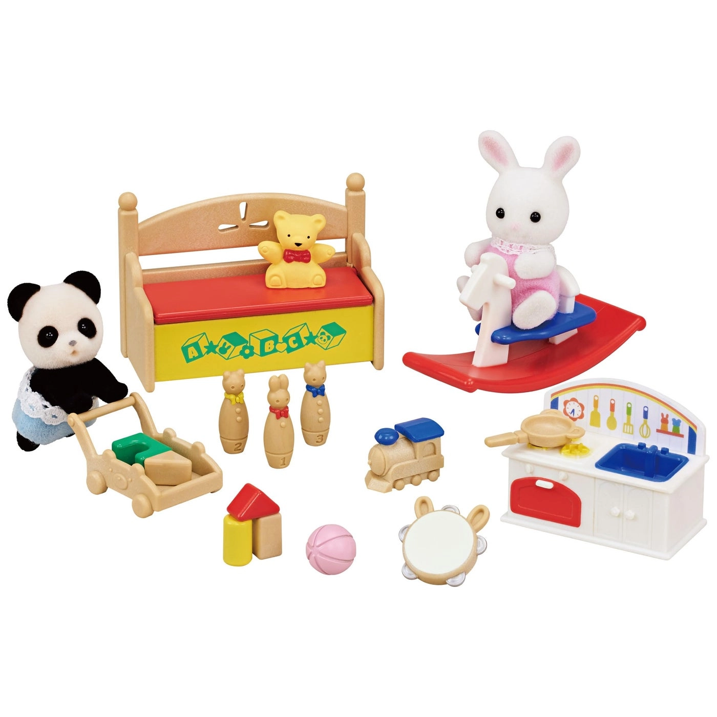 Calico Critters Baby's Toy Box + Snow Rabbit + Panda Babies