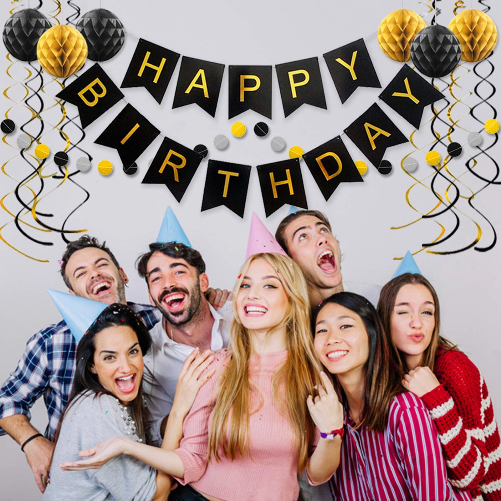 happy birthday banner + paper honeycomb balls + colorful circle paper garland + metallic hanging swirls