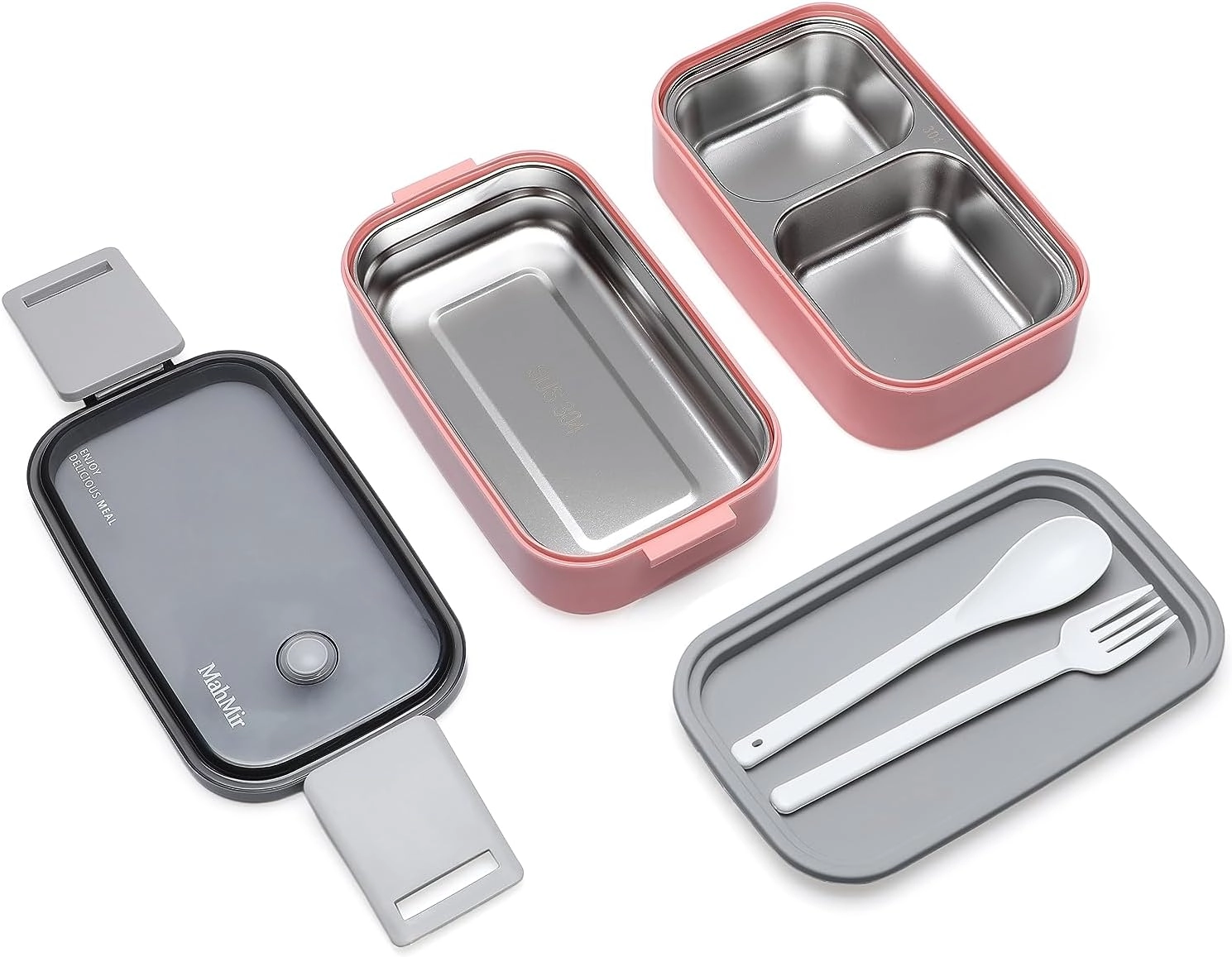 Stainless Steel Lunch Box - Insulated 2 Compartments 304 stainless steel + Lunch Bag - Pink
