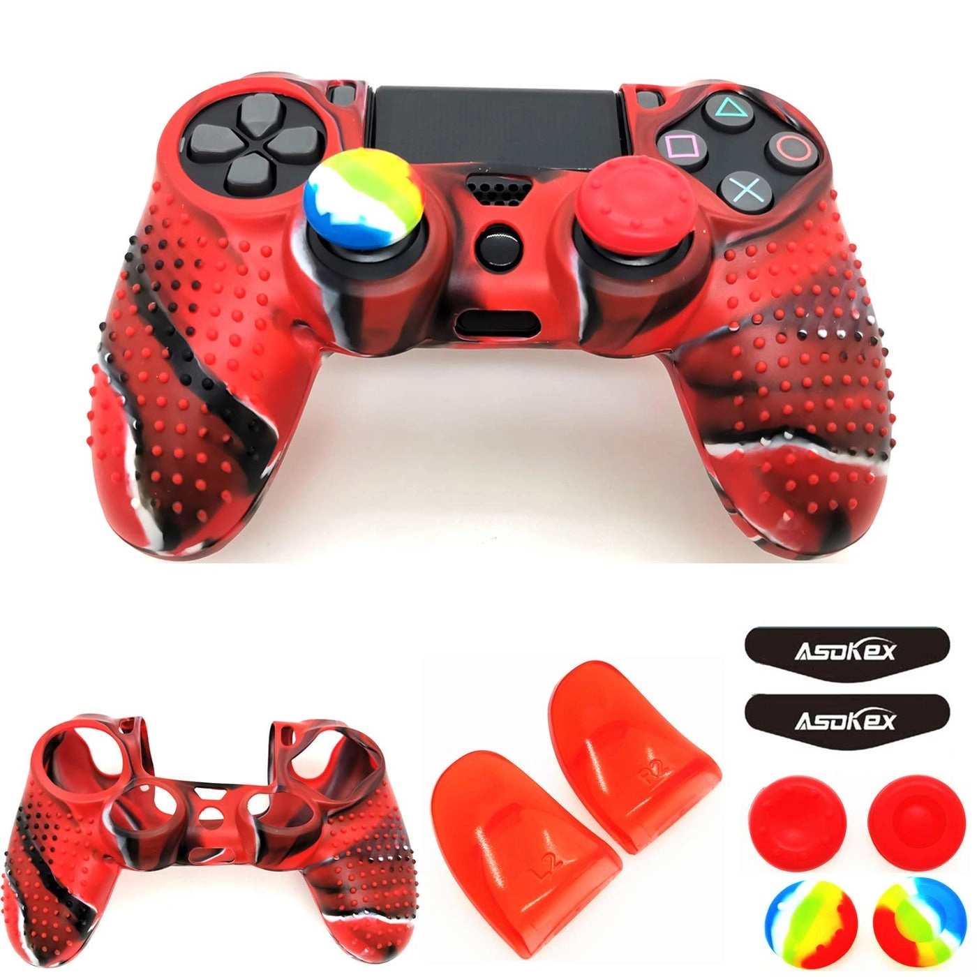 Asokex Silicone Skin Cover for Ps4 Controller - red granular