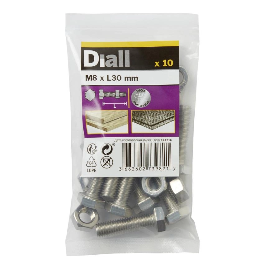 Diall Hex Nut - M8 + Bolt - 30 mm