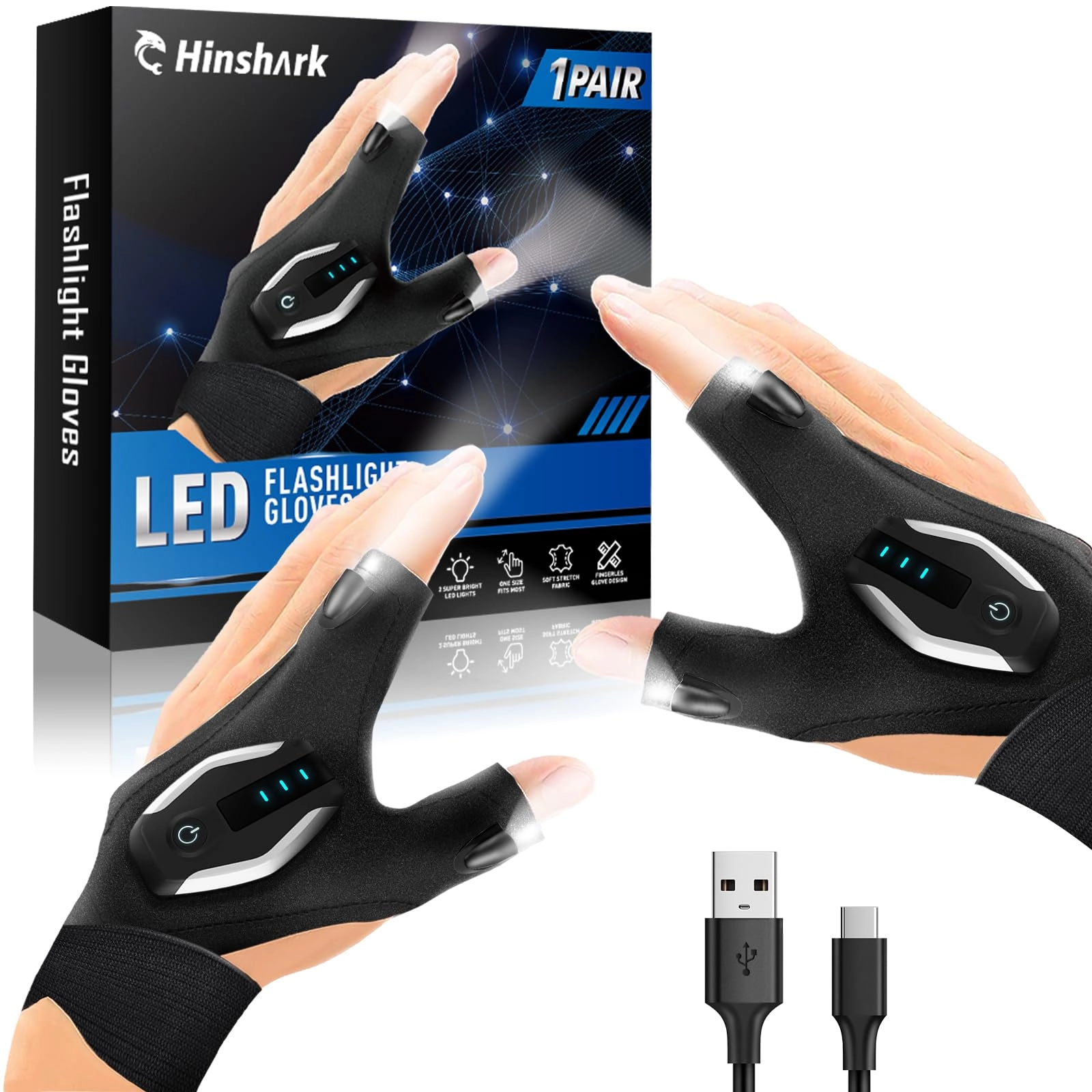 Hinshark LED Flashlight Gloves - Rechargeable USB-C