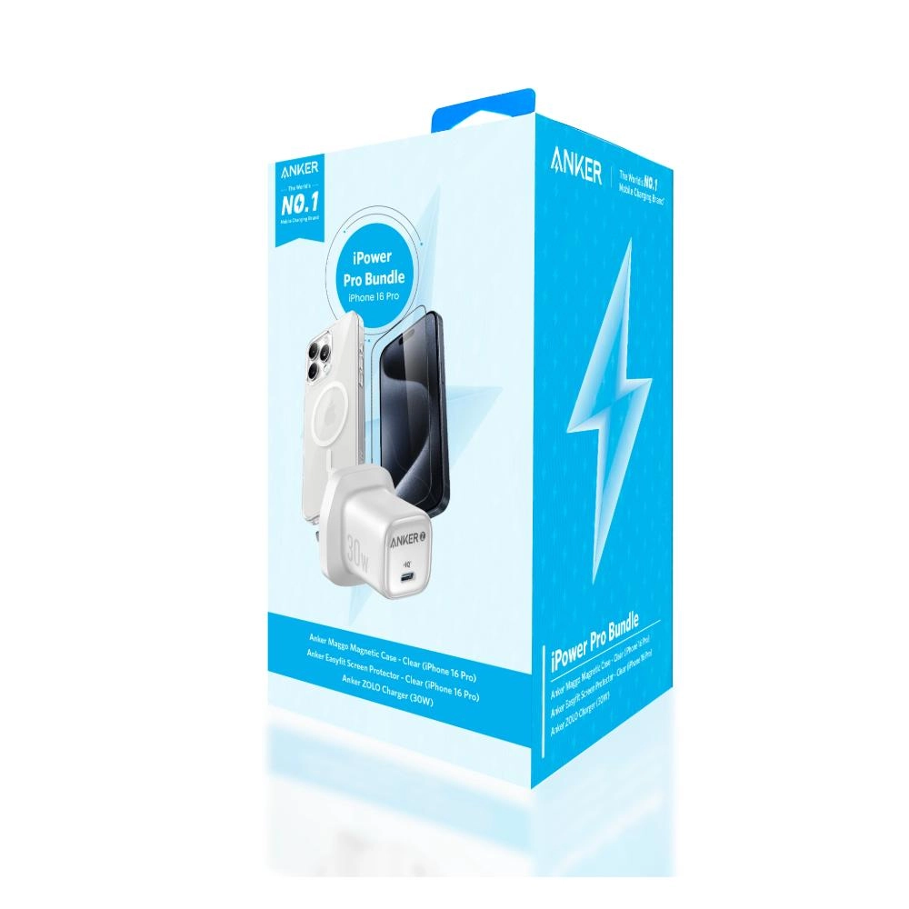 iPower Pro - Plastic MagSafe + Tempered Glass - Anti-scratch Anti-smudge + 30W Charger - USB-C PowerIQ 3.0 for iPhone 16 Pro