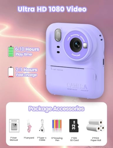 Kids Print Camera - Instant Printing 1080P Videos Red Bundle