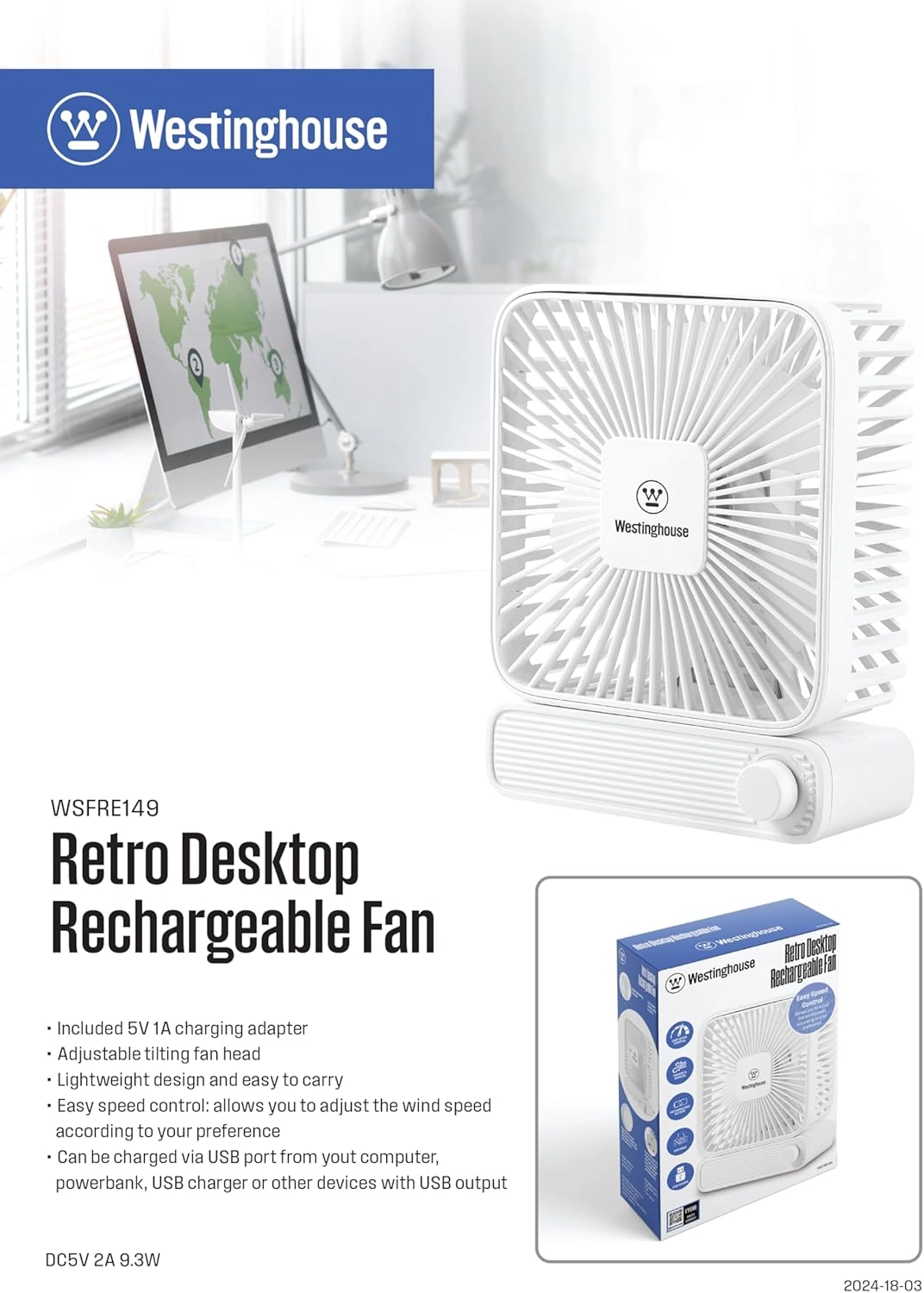 Rechargeable Desk Fan - LED Night Light 4-Speed USB