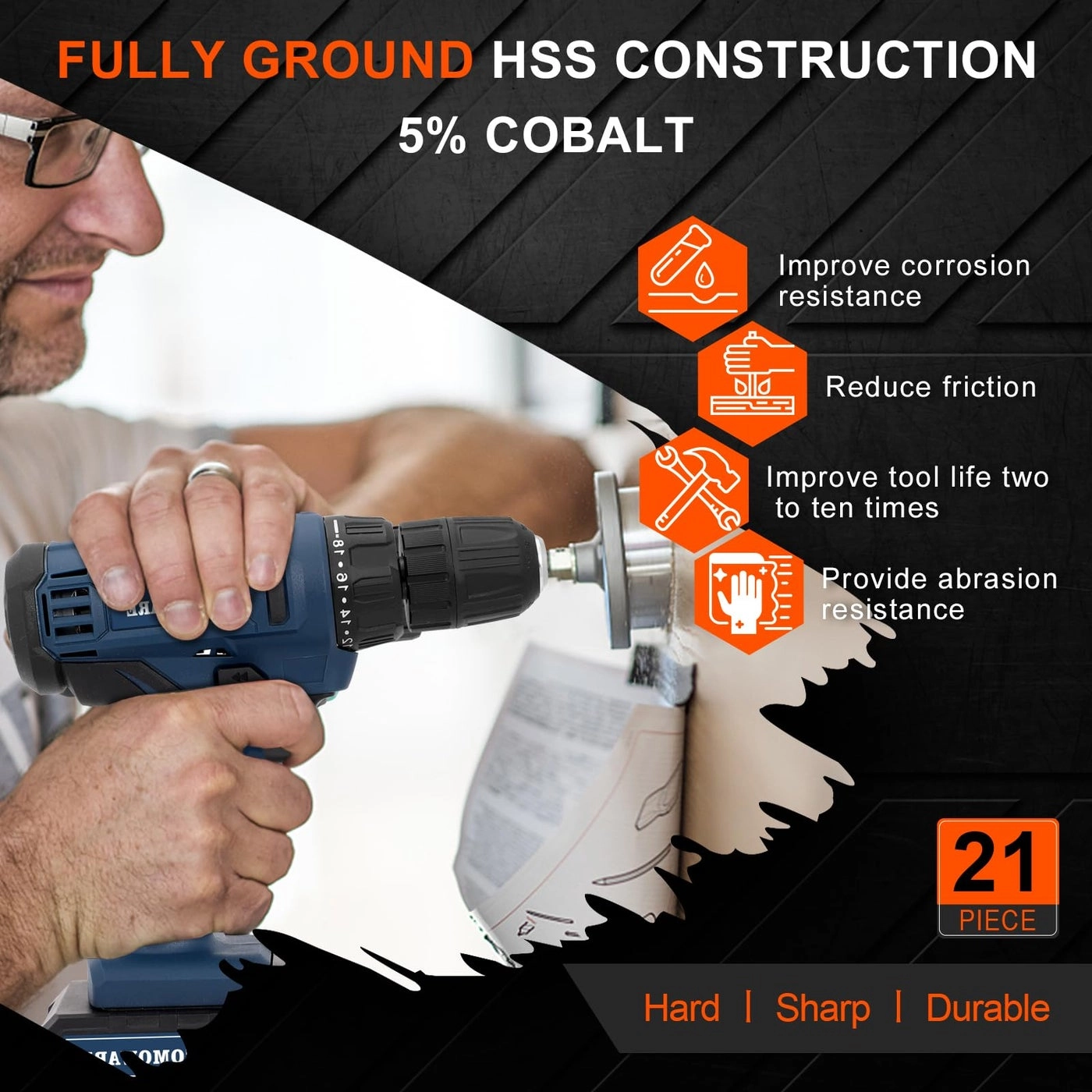 Cobalt Drill Bit Set - M35 High Speed Steel 21Pcs 1/16"-3/8"