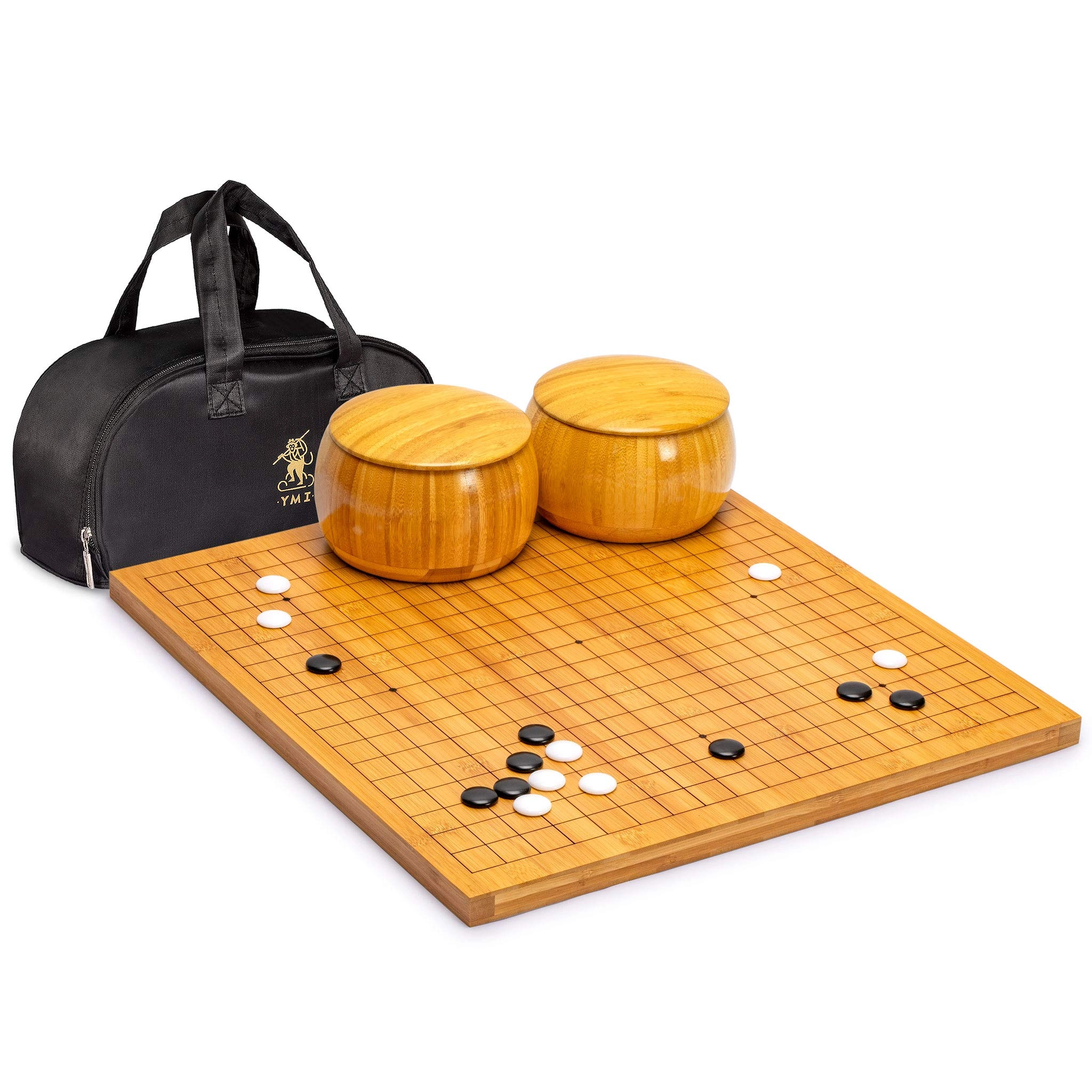 Go Game Set - Bamboo Go Board Double Convex Melamine Stones Bamboo Bowls