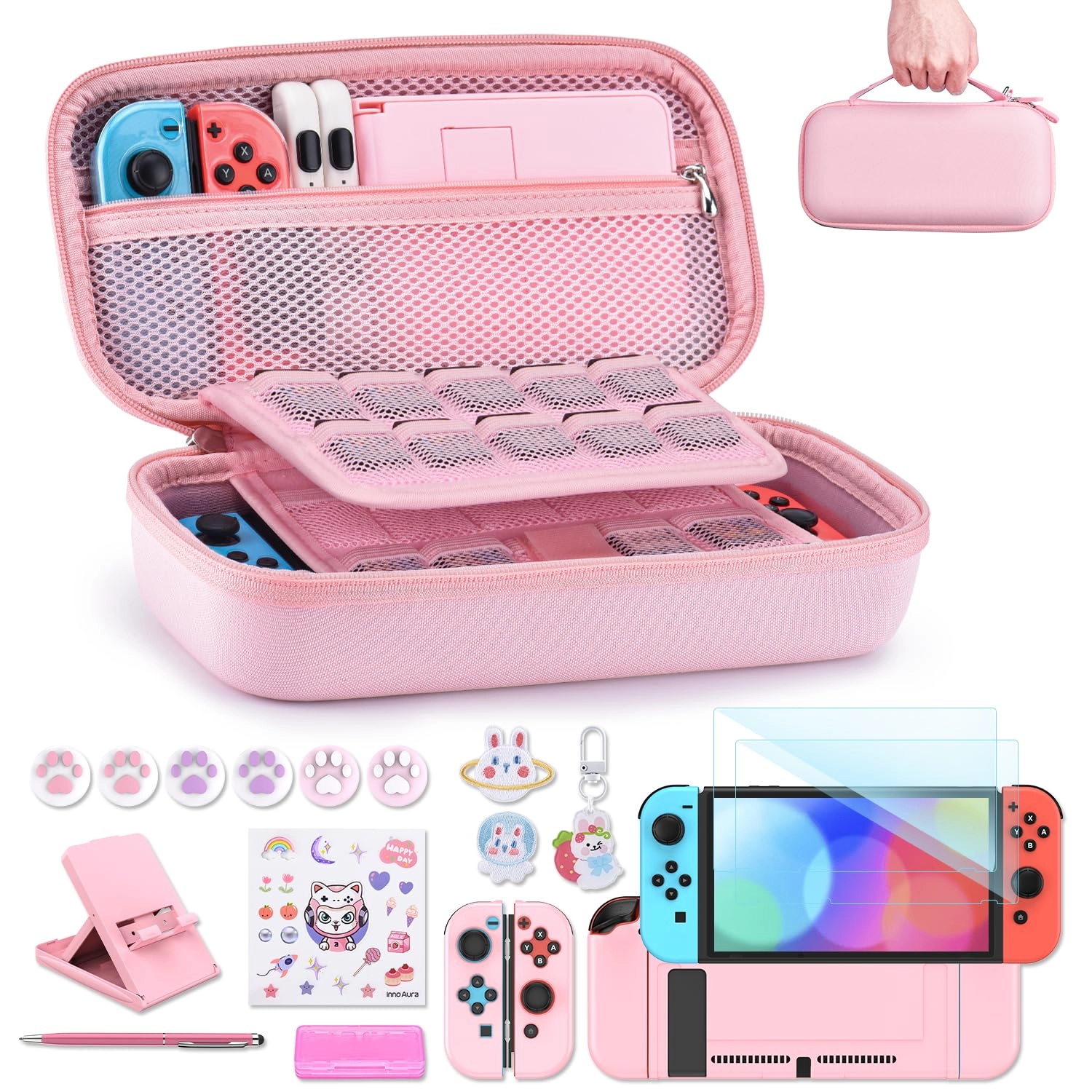 innoAura Switch carrying case + Switch game case + Switch screen protector + Switch stand + Switch thumb grips