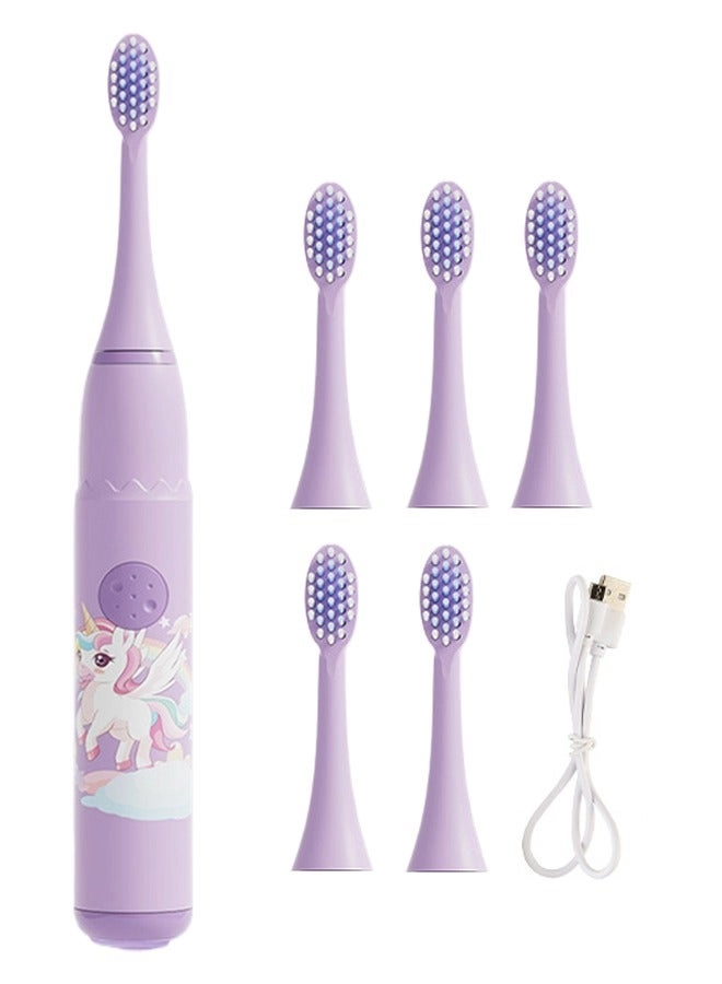 Kids Rechargeable Electric Toothbrush - 6 Brush Heads Timer USB Rechargeable