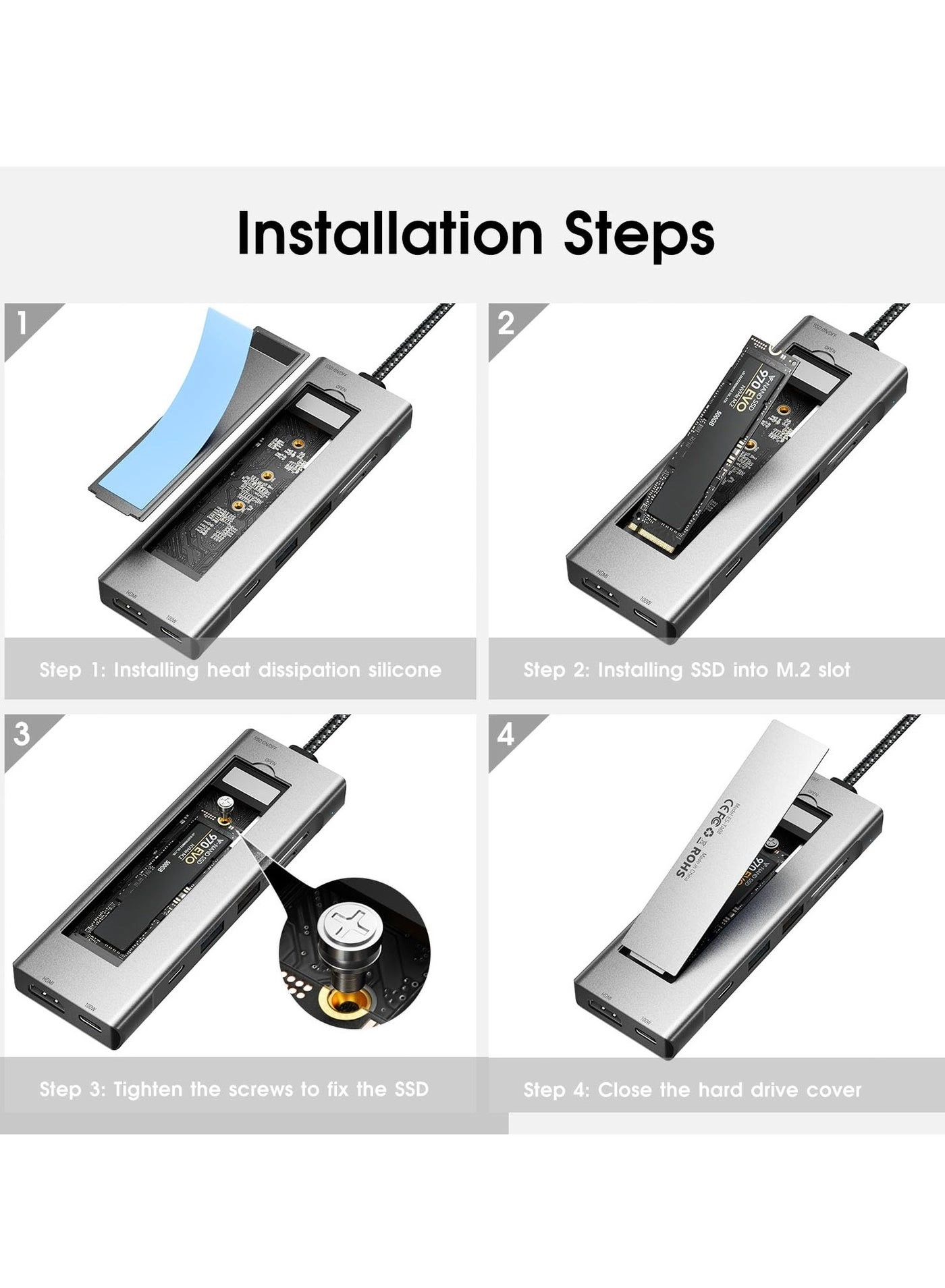 USB C Hub - 100W PD3.0 M.2 NVMe/SATA 10Gbps 4K@30Hz HDMI
