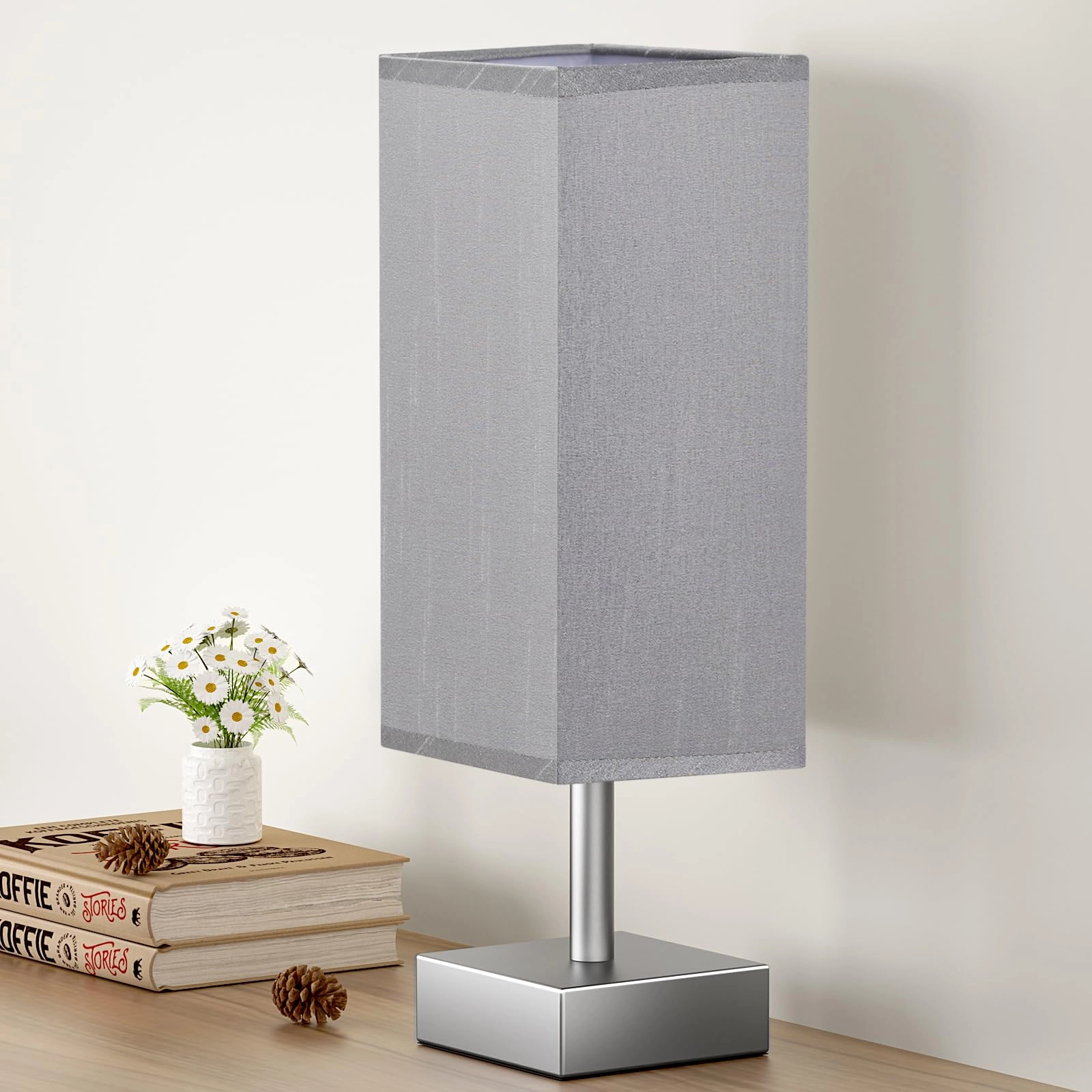 aooshine Table Lamp - Grey Square Fabric Shade Minimalist