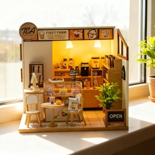 Miniature Wooden Dollhouse Building Kit - 3D Mini Coffee House