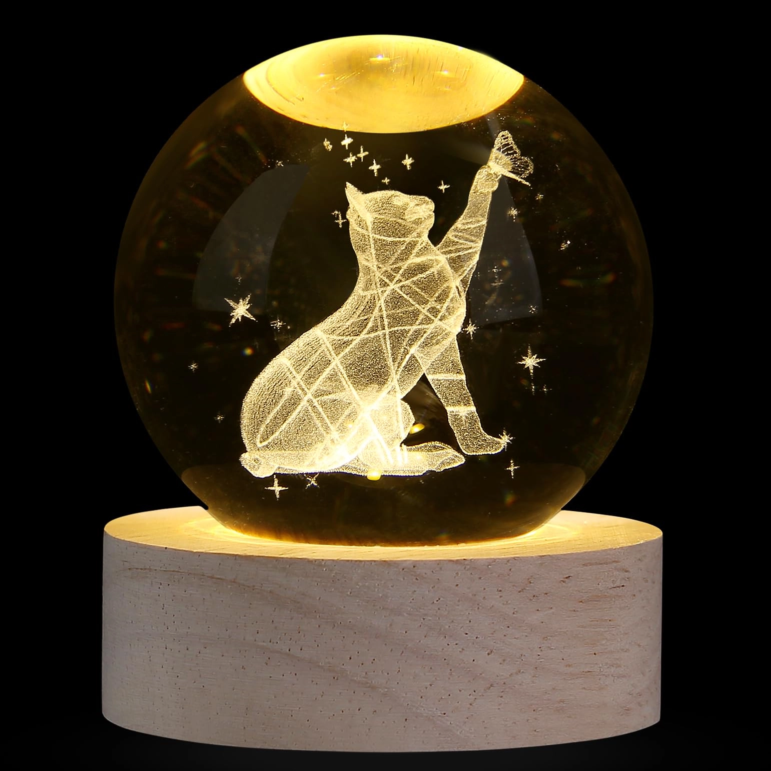 xiannvxi Cat Crystal Ball Paperweight - 3D 60mm LED USB