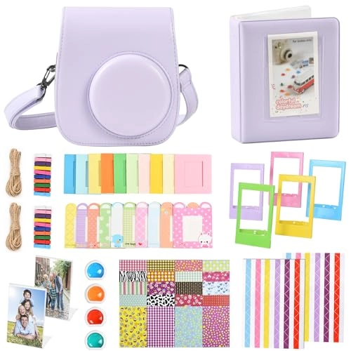 Mini 12 Camera Case + Mini Photo Album + Colorful Filter + Wall Hanging Frame + Stickers - Purple Compatible with Instax Mini 12