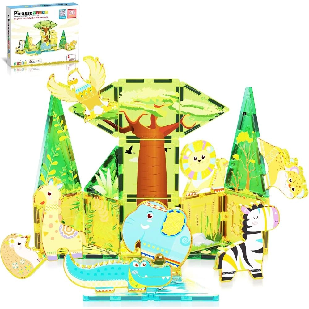 PicassoTiles Magnet Tile Building Blocks Safari Themed Playset - 8 Animal Character Action Figures Safari 26 pcs