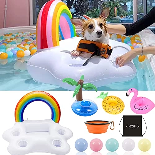 Rainbow Cloud Dog Inflatable Pool Float Holder + Coconut Tree Inflatable Drink Holder + Pineapple Pool Drink Float + Flamingo Inflatable Drink Holder + Collapsible Dog Bowl + Bright Colors Ball Pit + Carry Bag