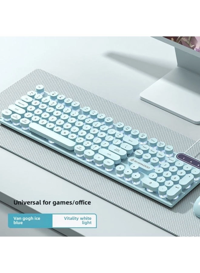 Generic Ultra-thin Silent Wired Keyboard Gaming Notebook Luminous Blue Pink Girls Retro Punk Office Mechanical Feel-Colour:Black Classic 【ice Blu-ray】 + Gaming Mouse