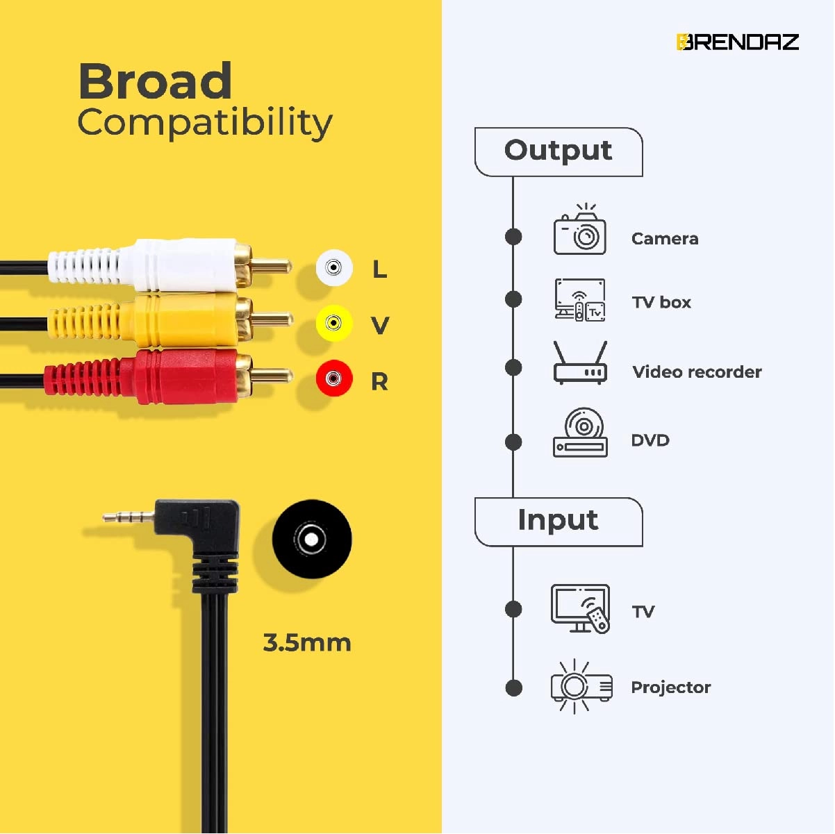 3.5mm to 3 RCA Male Plug Extension Cord - 6 feet