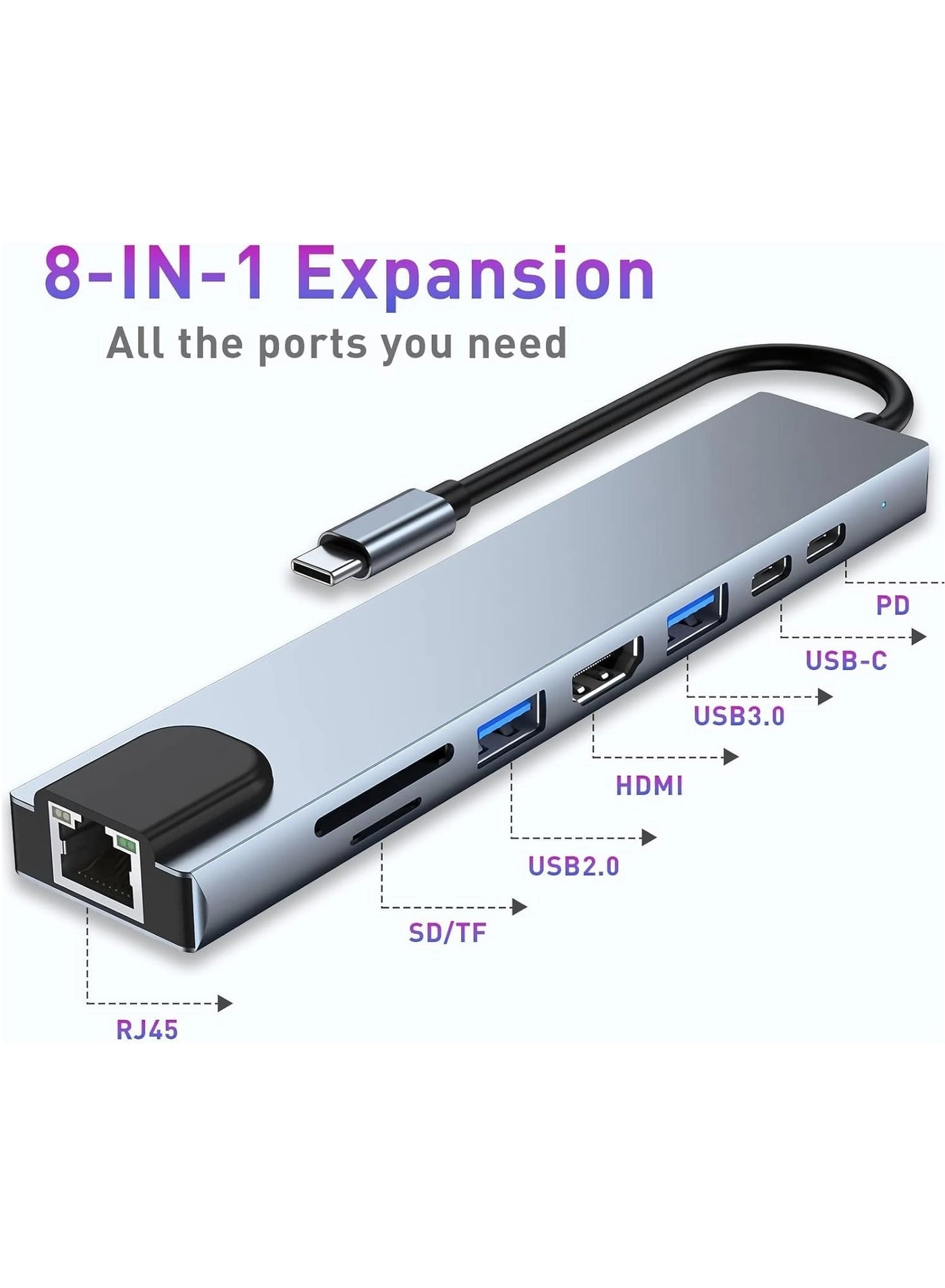 USB C Hub 8-in-1 - 4K HDMI 100W PD USB 3.0