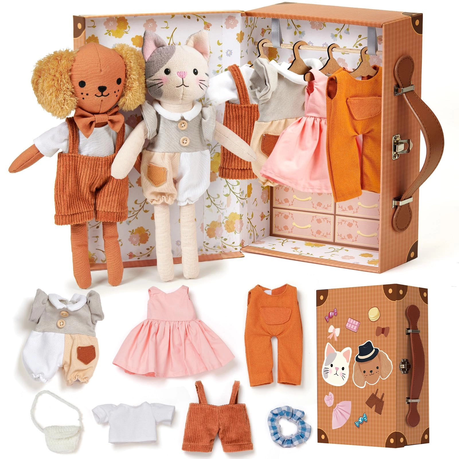 Golray Portable Dress Up Plush Doll Set - 10-inch Cat & Dog