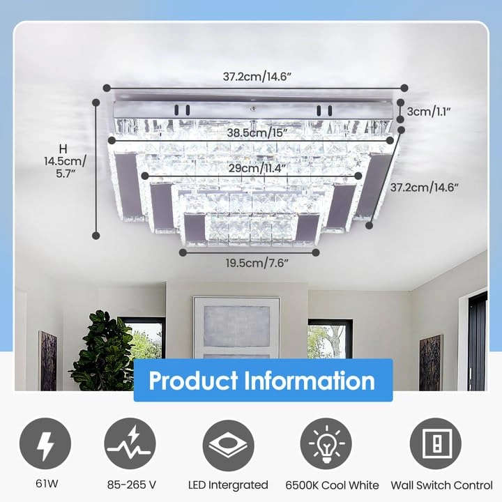 Square Crystal LED Ceiling Light - 6500K Non-Dimmable