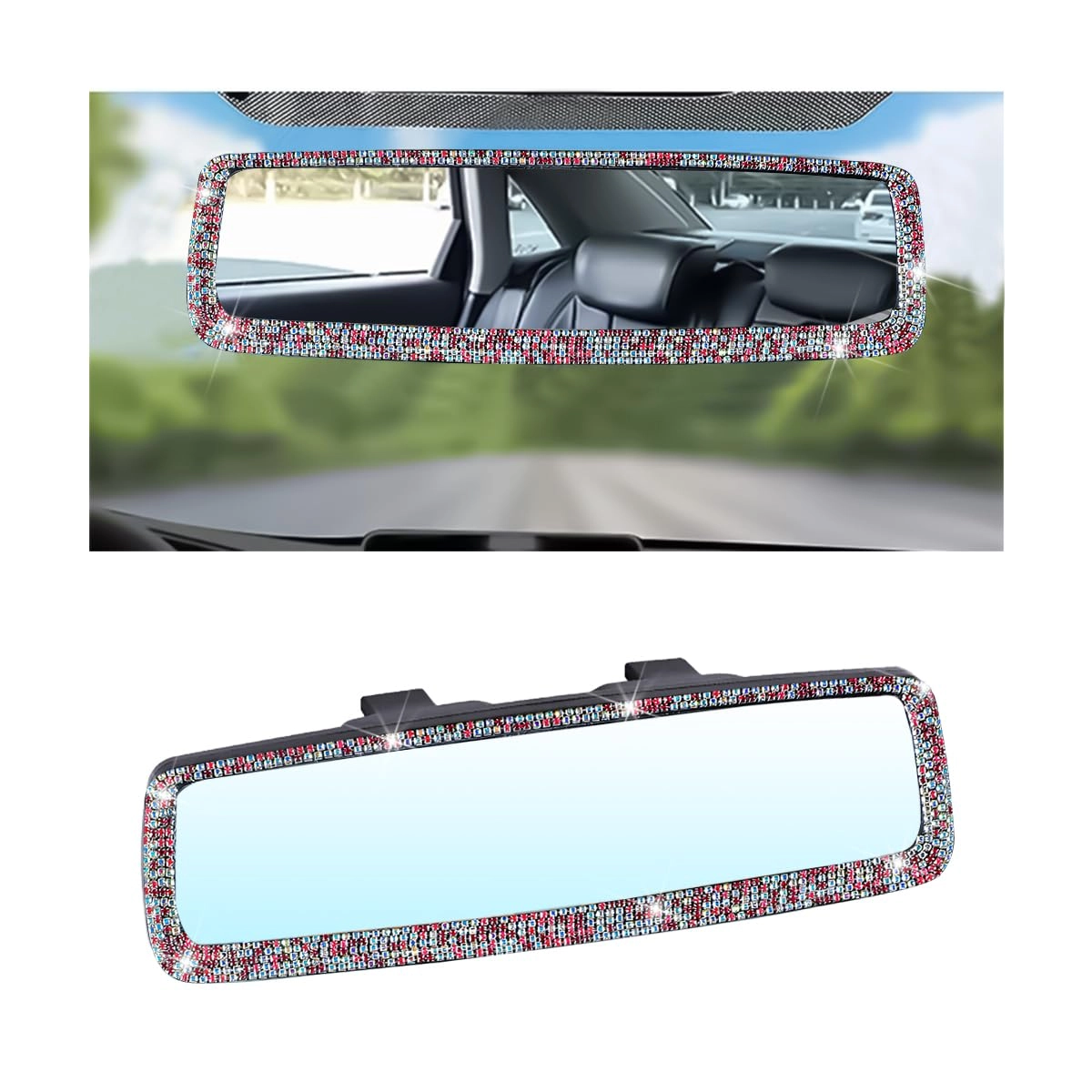 osilly Bling Car Rearview Mirror - 10.7 x 3.1 inches AB Color+Pink