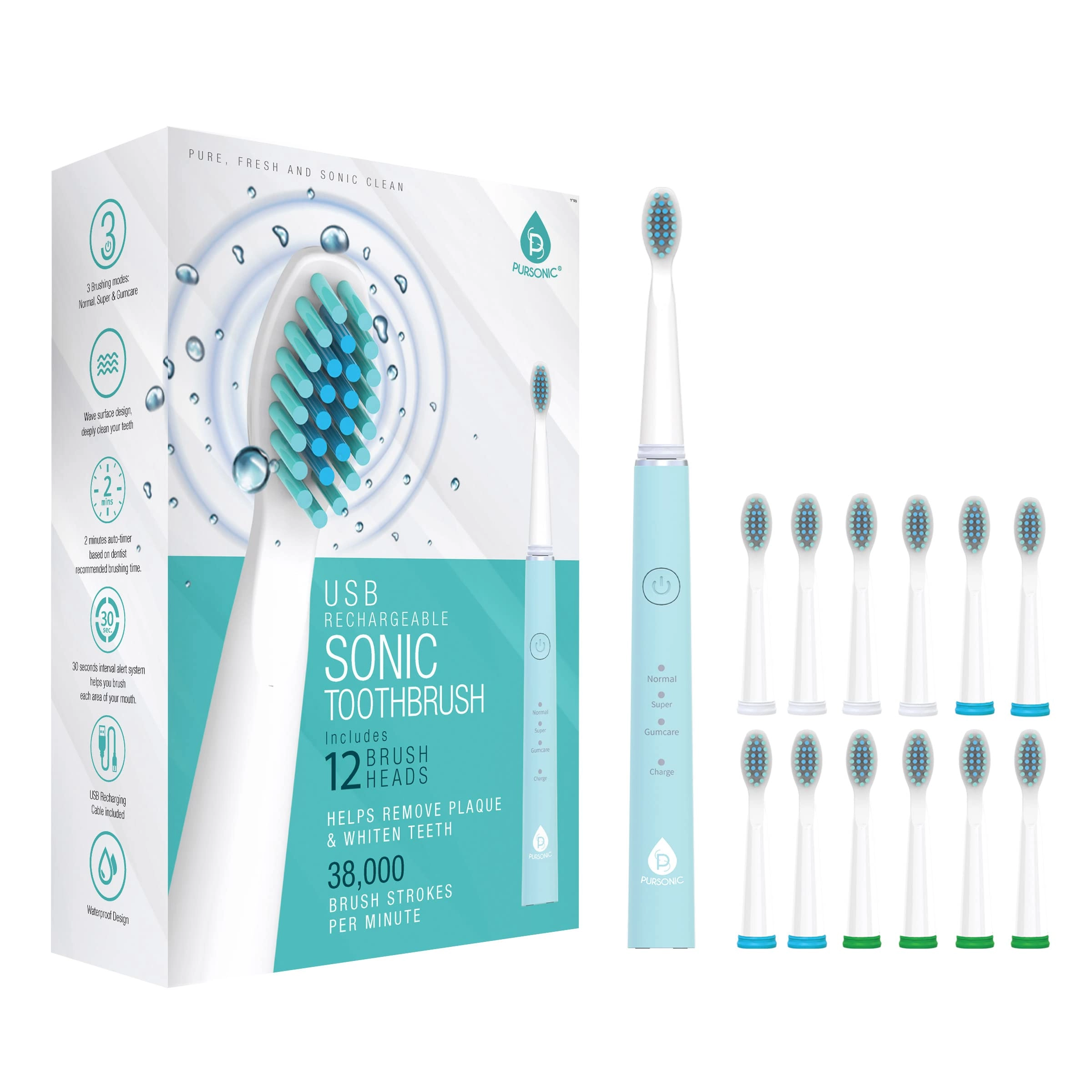 USB Rechargeable Sonic Toothbrush - 12 Brush Heads 38,000 STROKES PER MINUTE 3 BRUSHING MODES